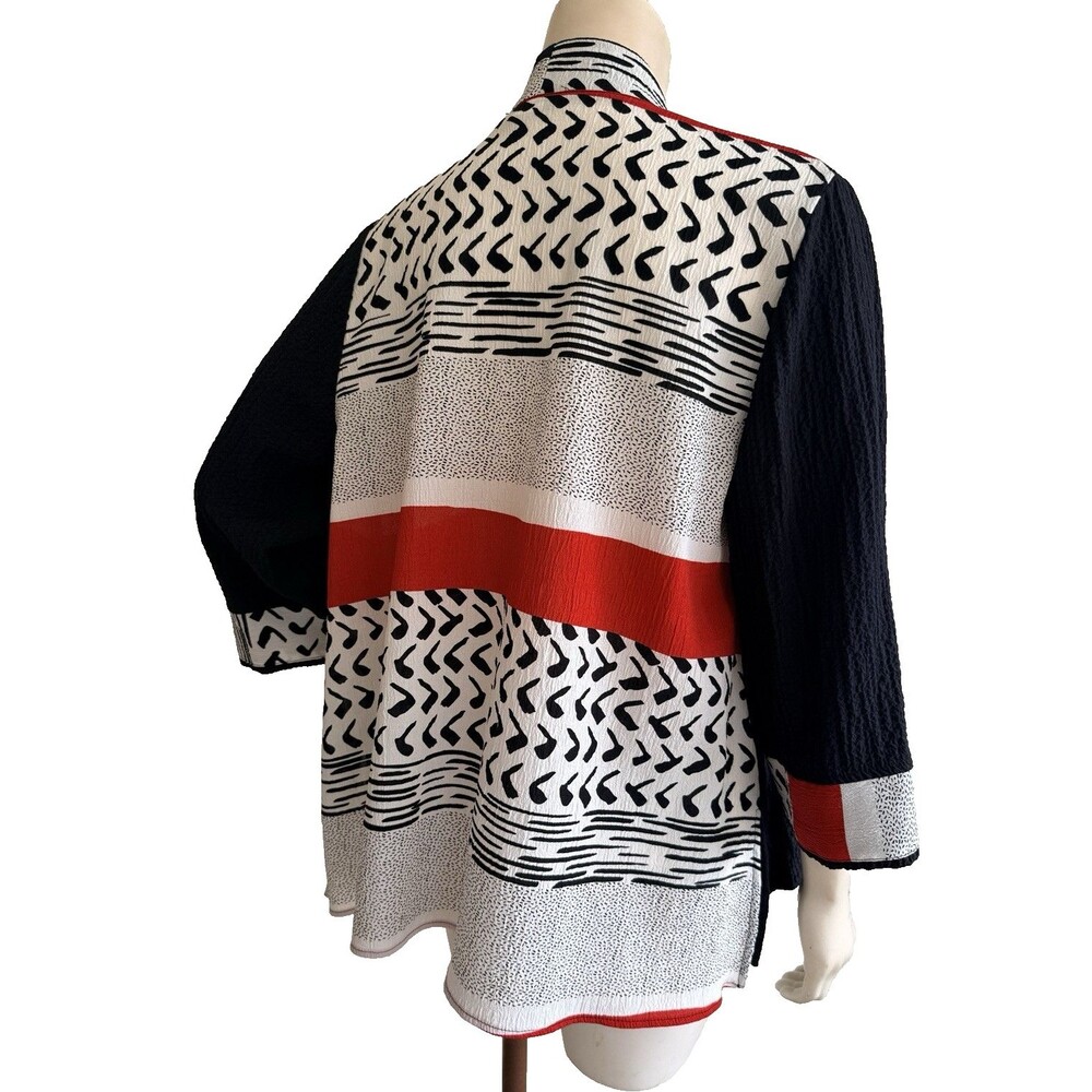 MOONLIGHT Jacket Top Black Geometric Print Asian Art to Wear 3/4 Sleeve Size M - Picture 5 of 7